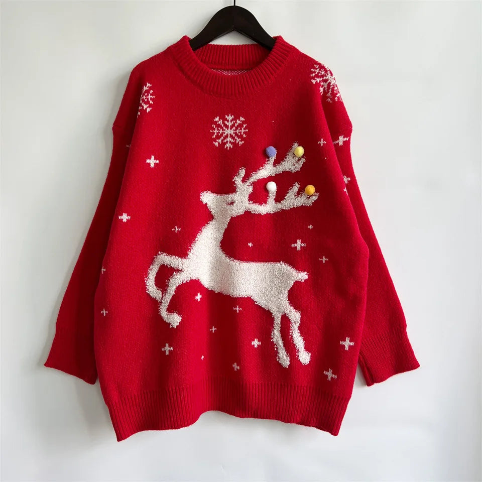 Korean Style Casual Loose Christmas Pullover Red Sweater Sweaters-L