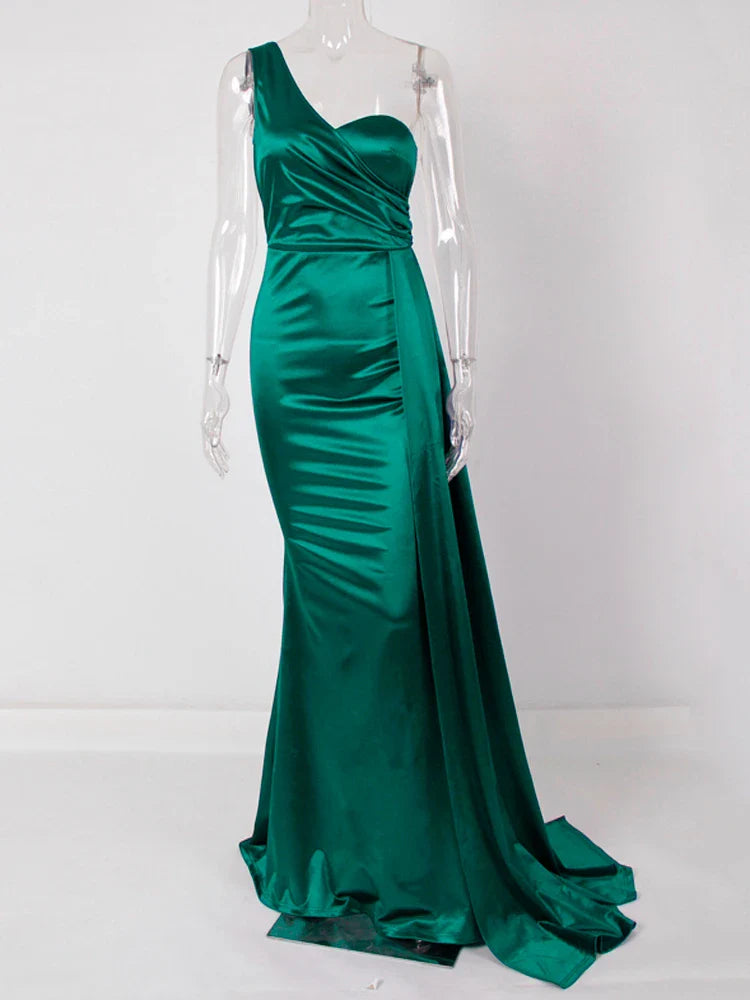 One-Shoulder Ruched Satin Party Dress Green / 4 Partydress-241208