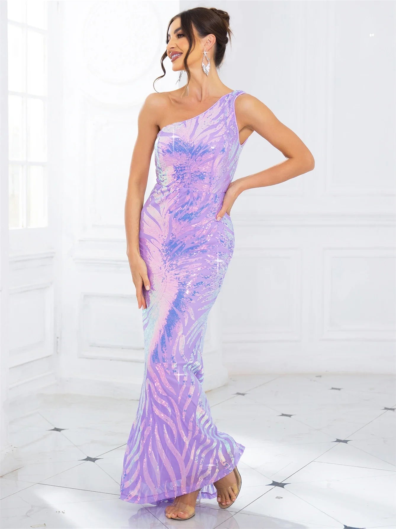One-Shoulder Stretch Sequined Party Dress Lavender / S Partydress-241208