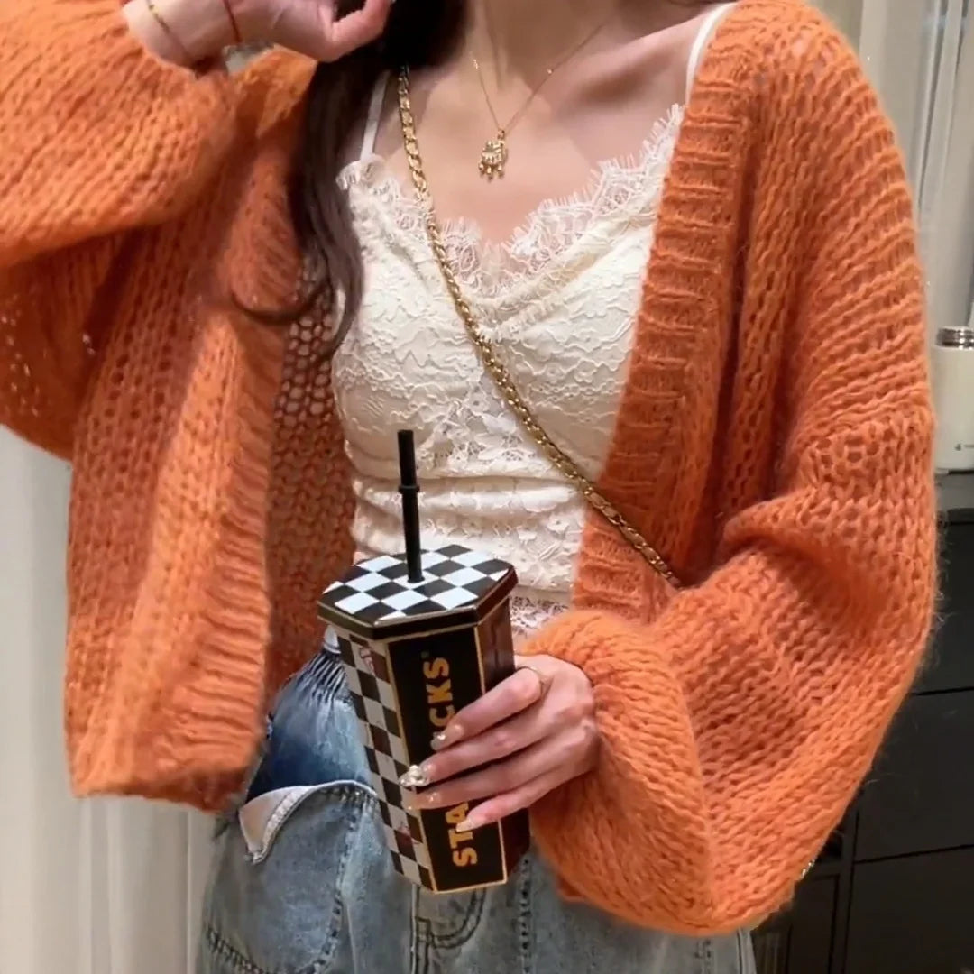 Orange Lantern Sleeve Open Stitch Loose Spring Cardigan Orange / S cardiagn-250126