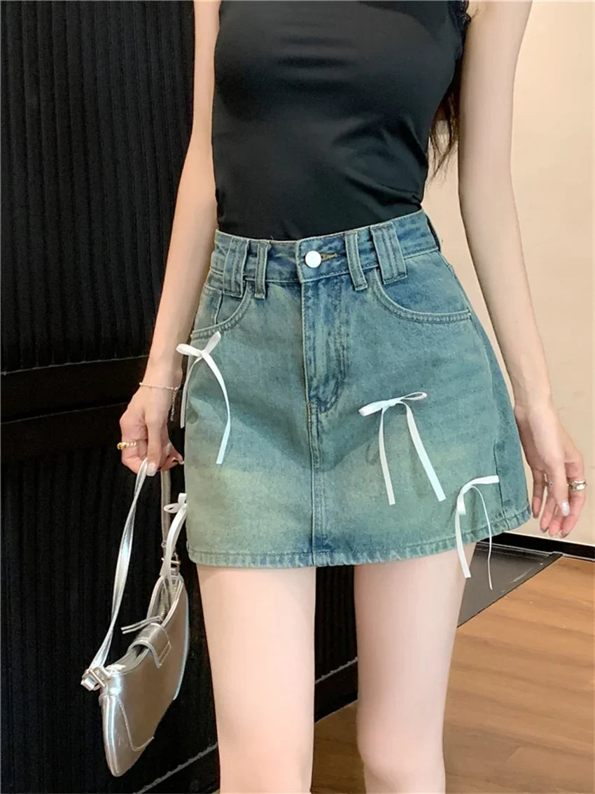 Chic Denim Bow Detail Skirt skirts-250223