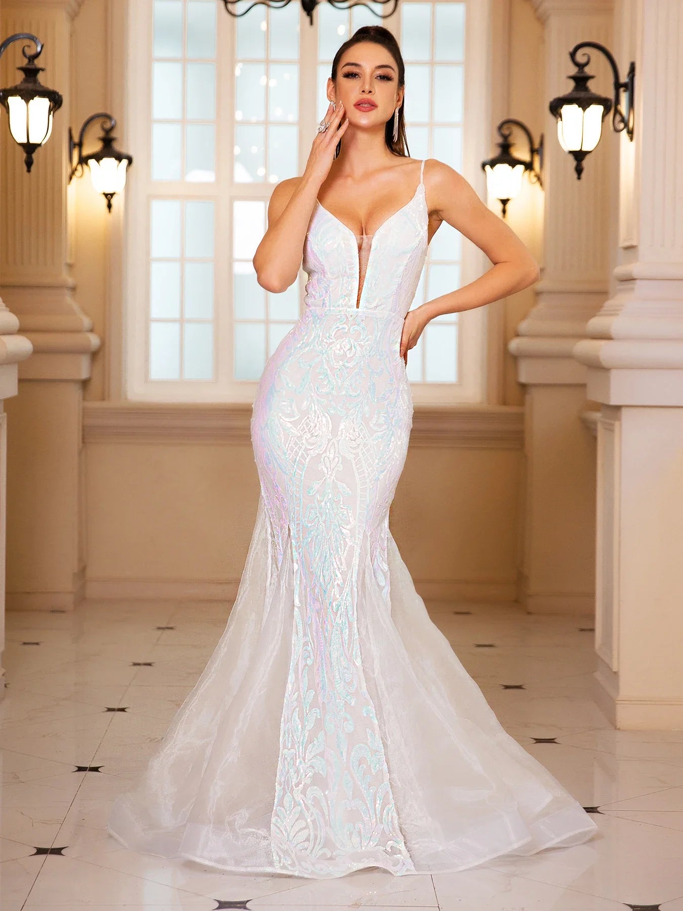 Padded V-Neck Sequin Party Dress White / S Partydress-241208