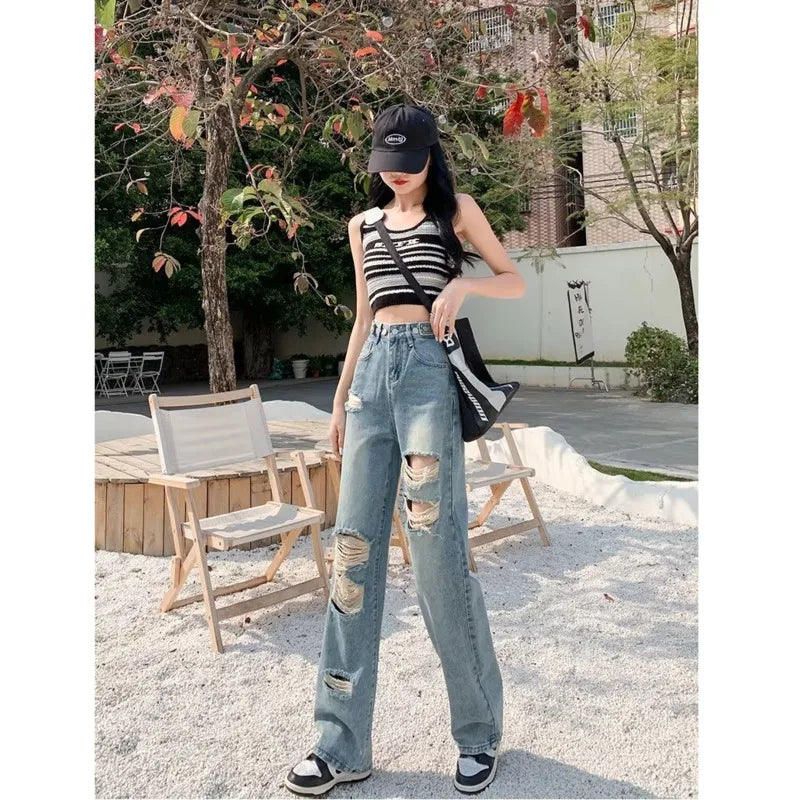Perforated Jean Pear-Shaped Figure High Waist Straight Tube Loose Fitting Wide Leg Pants Small