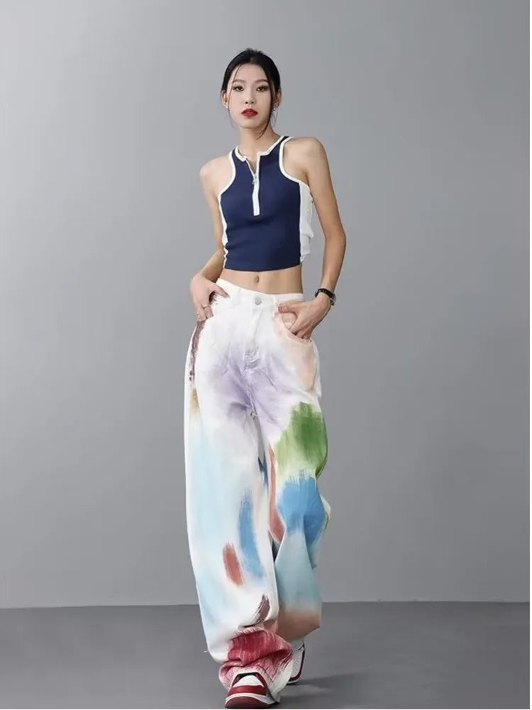 Personalized Graffiti High Waist Slim Hand-Painted Painted Trendy Loose Straight Wide Leg Casual