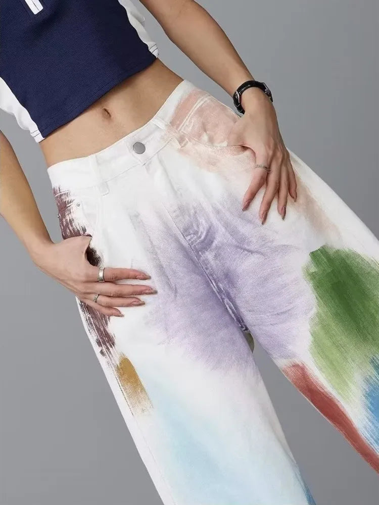 Personalized Graffiti High Waist Slim Hand-Painted Painted Trendy Loose Straight Wide Leg Casual