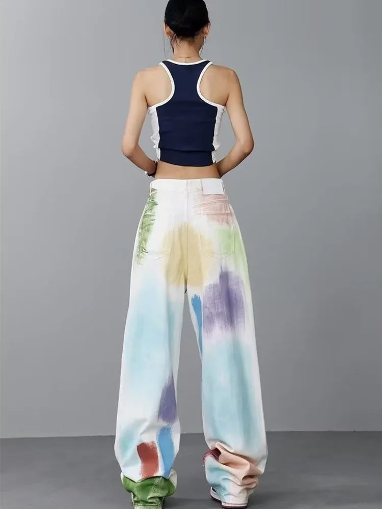 Personalized Graffiti High Waist Slim Hand-Painted Painted Trendy Loose Straight Wide Leg Casual