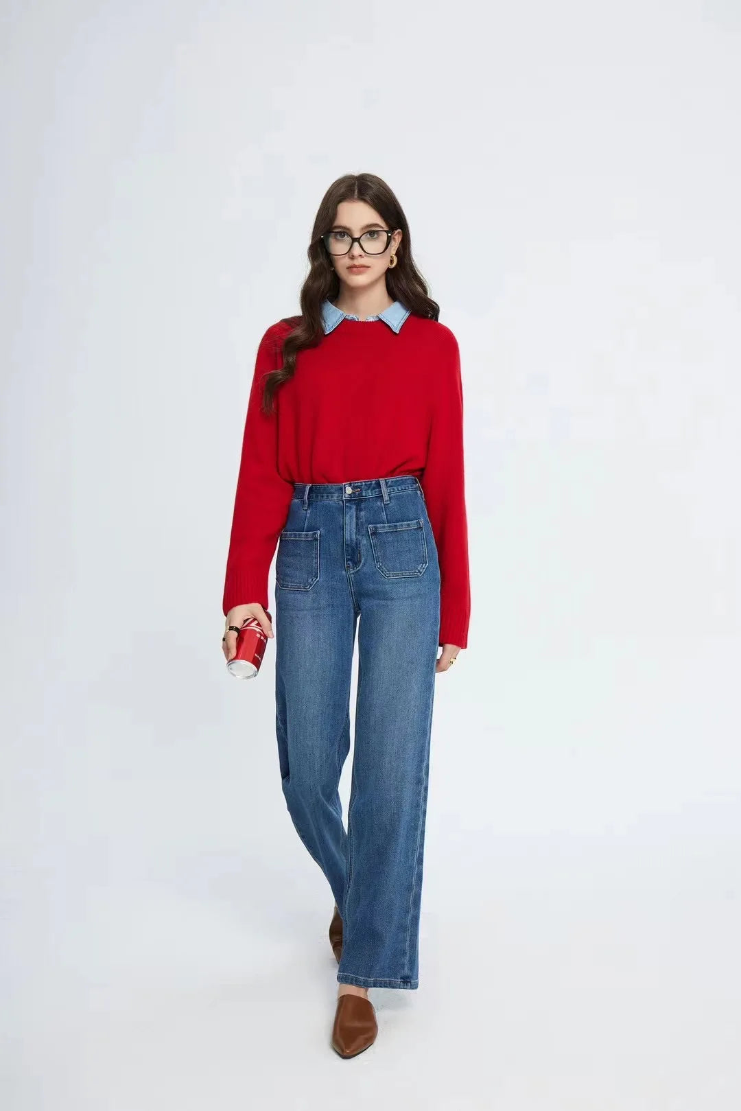 Pockets Women Temperament High Waist Straight Denim Pant Females Vintage Simple Streetwear Washed