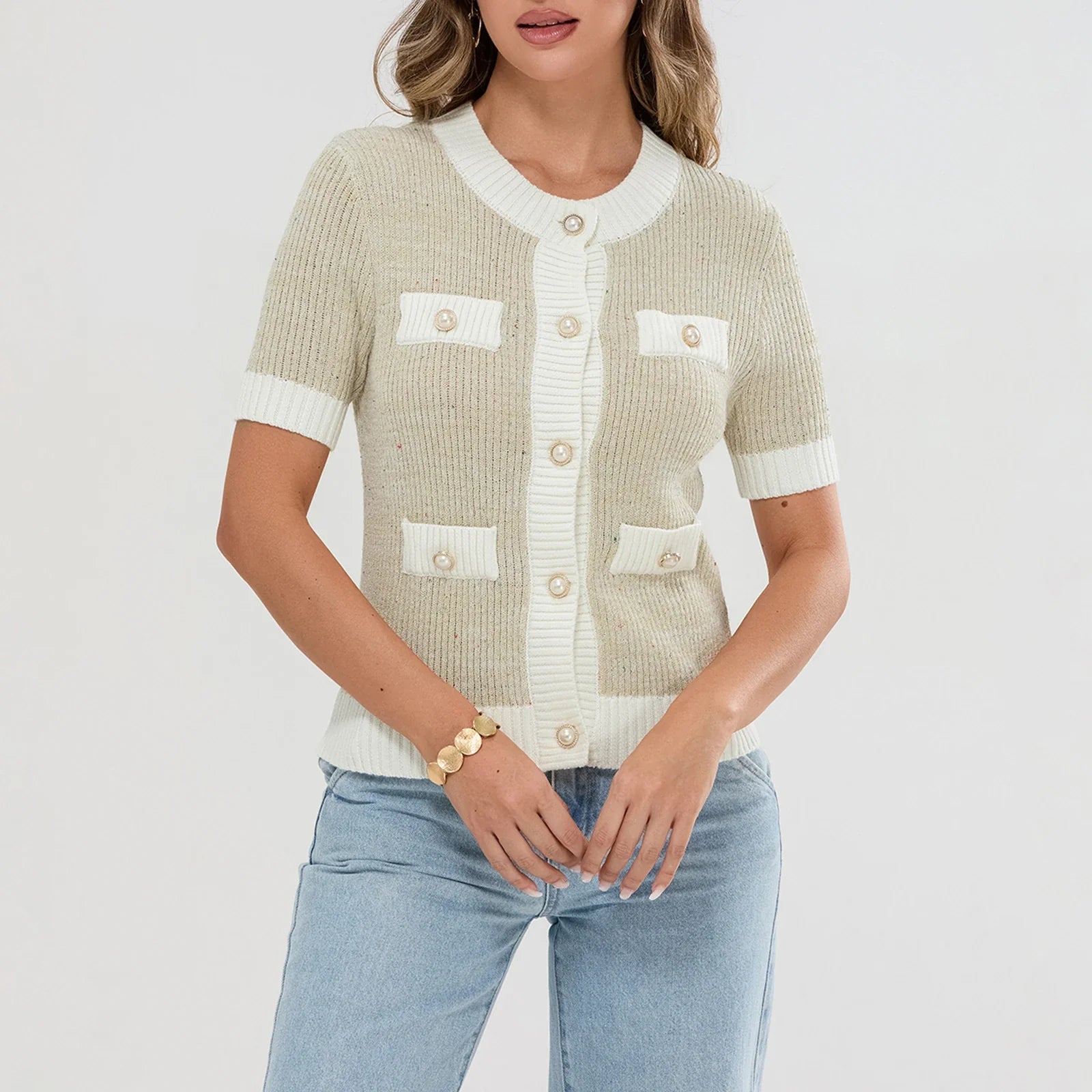 Pearl Button Short Sleeve Cardigan Cardigan-241208