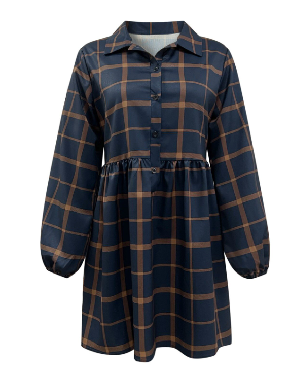Navy V Neck Plaid Prints Buttons Casual Sweet Dress For Women Dresses