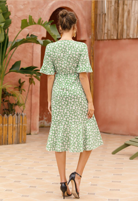 Boho Floral Print Vintage Midi Dress With Ruffle Sleeves For Women Dresses