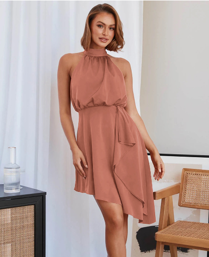 Satin Strap Dress With Hanging Neck S / Brick Red Dresses