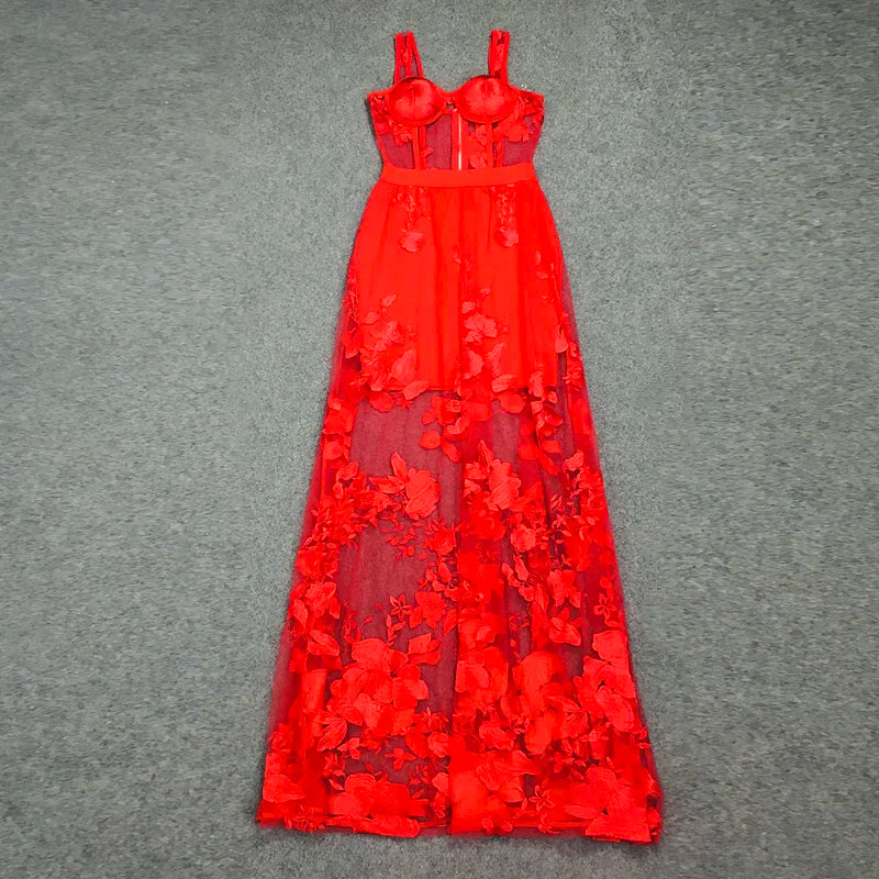 Red Color Celebrity Fashion Sleeveless Sexy Backless Lace Long Dress Christmas Party Dresses-L