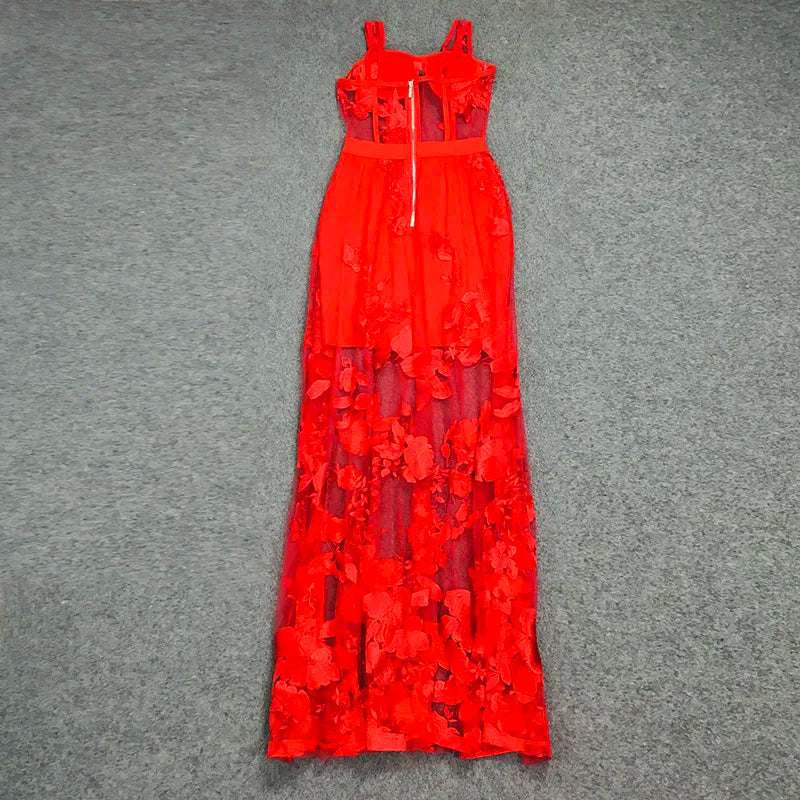 Red Color Celebrity Fashion Sleeveless Sexy Backless Lace Long Dress Christmas Party Dresses-L