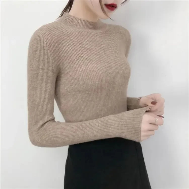 Slim Fit Stand Collar Long Sleeve Basic Knitted Christmas Sweater Khaki / S Sweaters-L