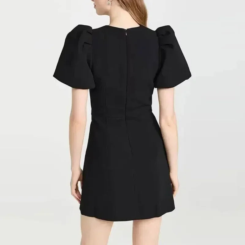 Sexy Hollow Out Slim Mini Puff Sleeve Red Christmas Party Dress Dresses-L