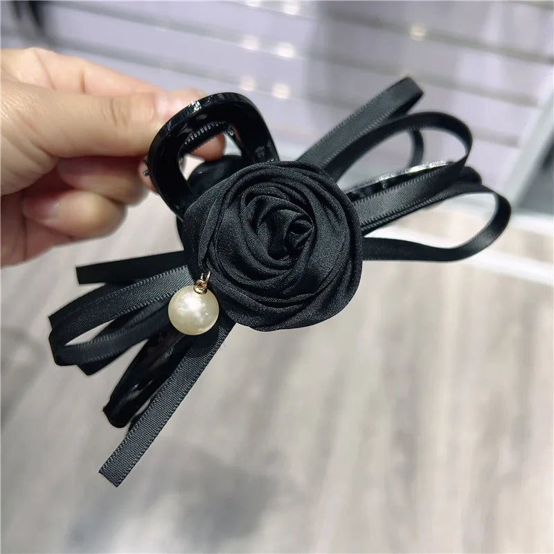 Satin Rose Large Christmas Hair Accessory Black Accessories-L