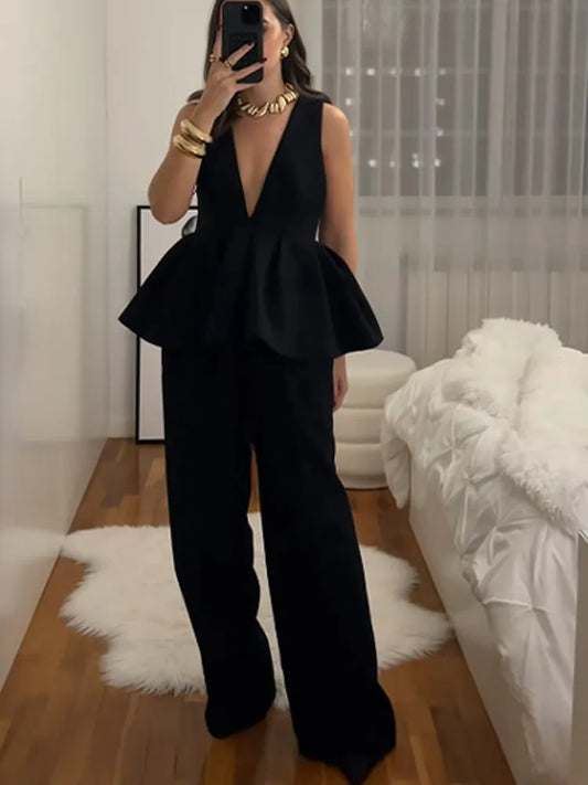 Ensemble deux pièces de bureau avec ourlet à volants, col en V profond et sarouel