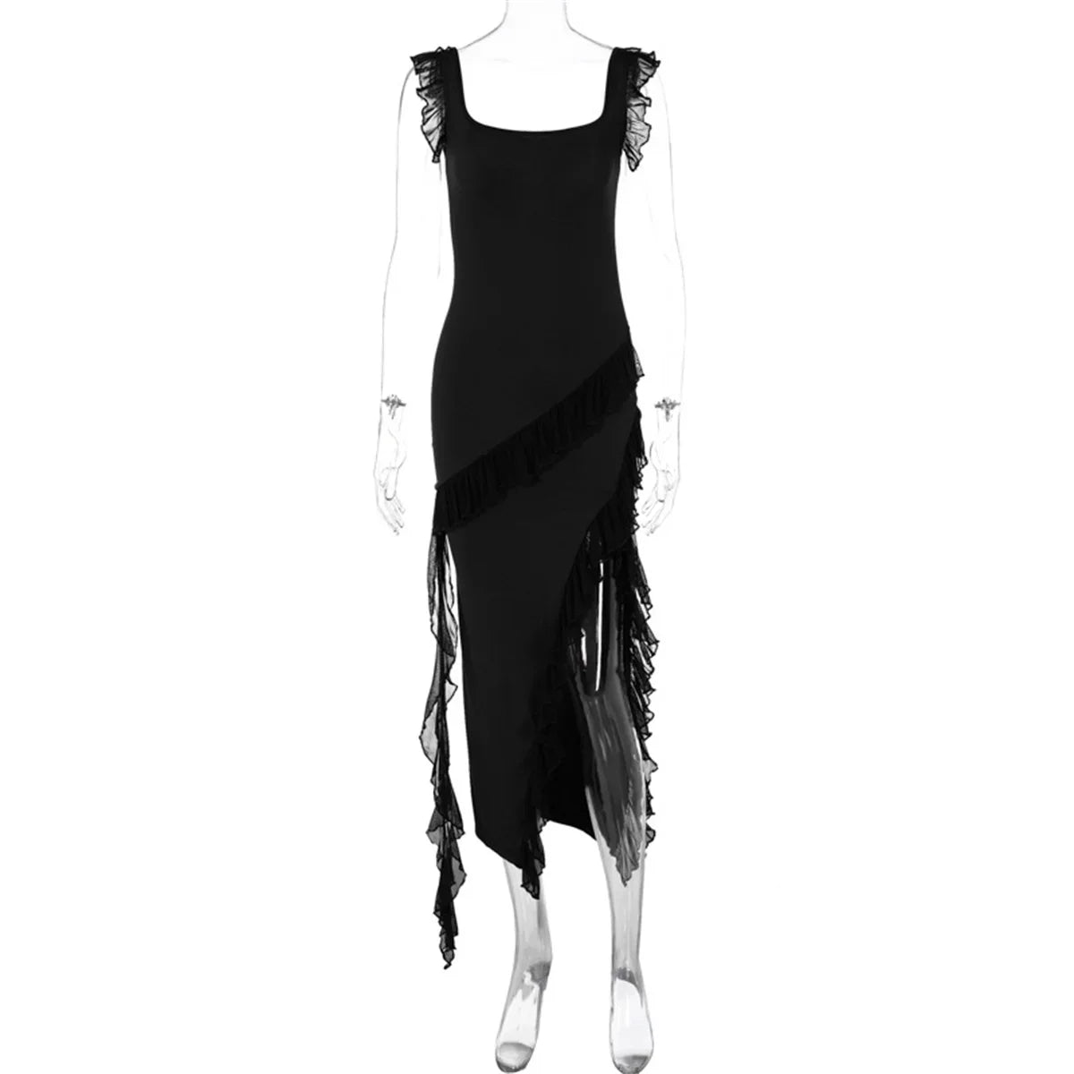 Ruffles Elegant Maxi Dresses Backless Split Sexy Chiffon Long Christmas Party Dress Black / S