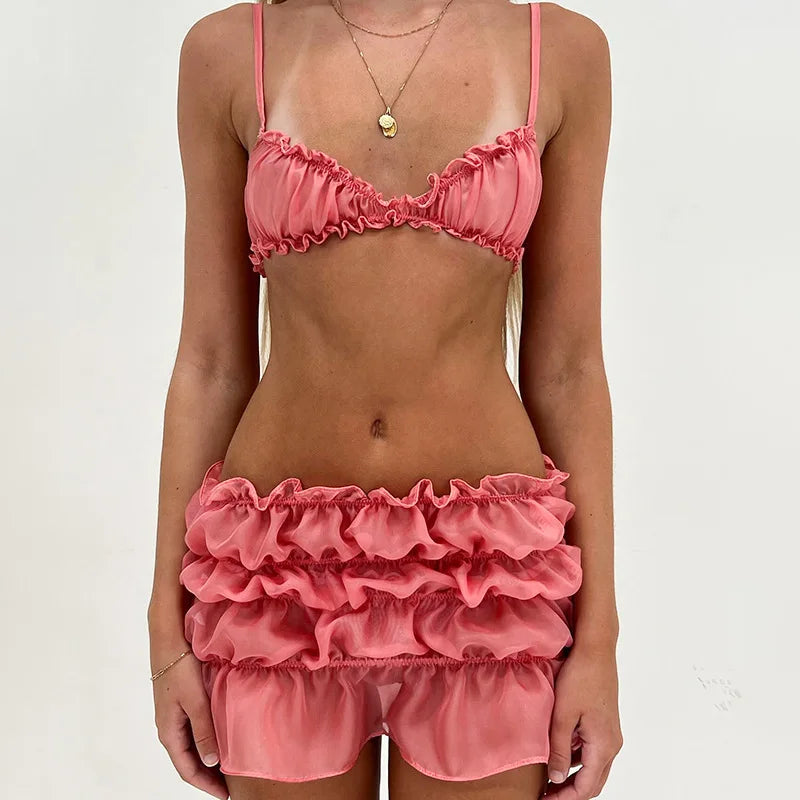 Ruched Bralette And Low Graceful Waist Mini Skirt Set