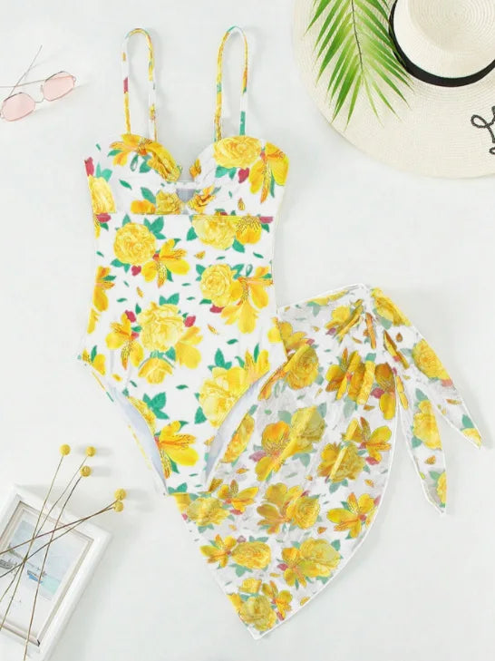 Print Strapped Push up Two Piece Set White / S