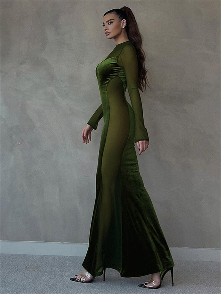 O Elegant Arm Dresses Fashion Full-Length Through Fall Party Gown Club Neck For Outfits Sexy - Long