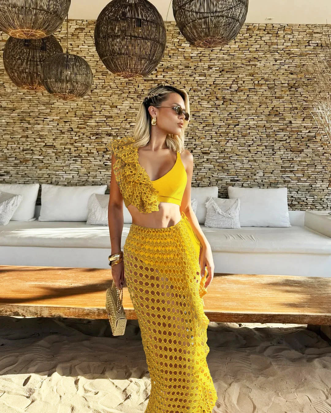 Ruffle V-neck Mesh Three Piece Swimsuit yellow / S