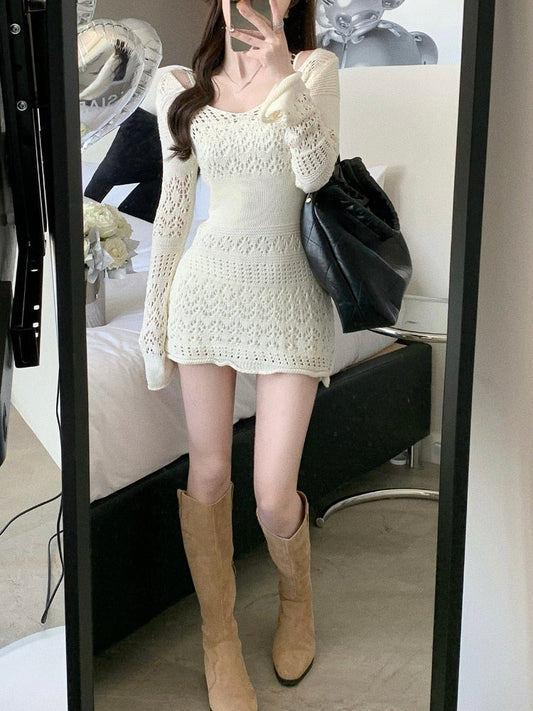 Y2K Sexy Gown Korea Mini Slim Brief Fashion Elegant Long Arm Lace Party Knitted Women Vintage