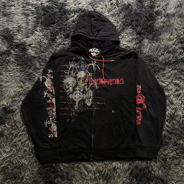 Dark Skull Print Zip Hoodie black3 / S