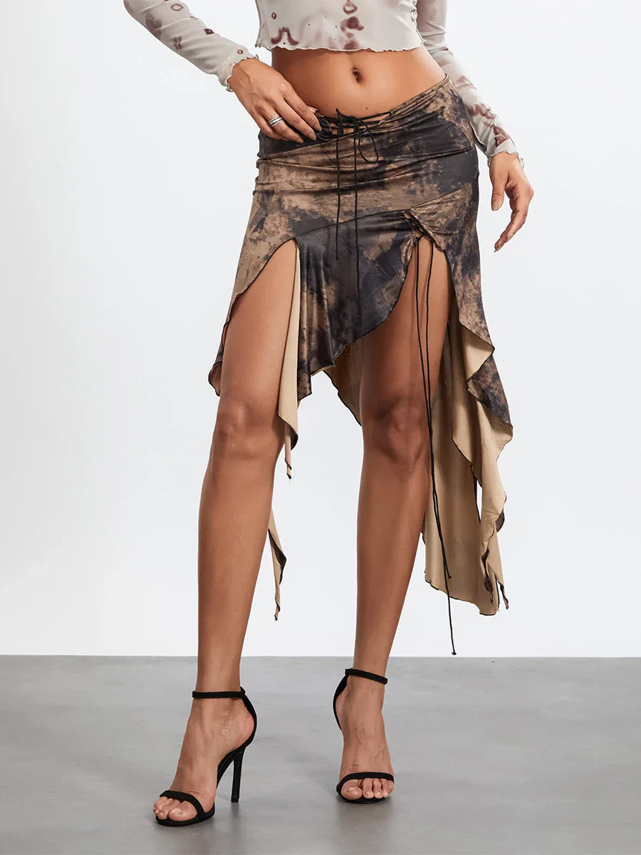 Flexible Waist Draped Frill Skirt Dark Brown / S