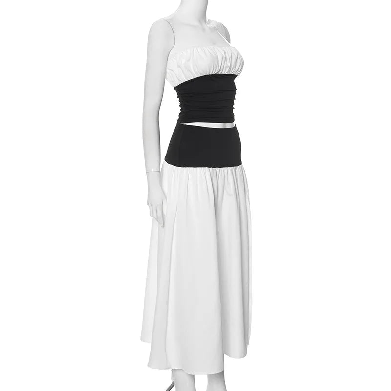 Black And White Patchwork Tube Trendy Top And Slit Long Skirt Set Co-Ord