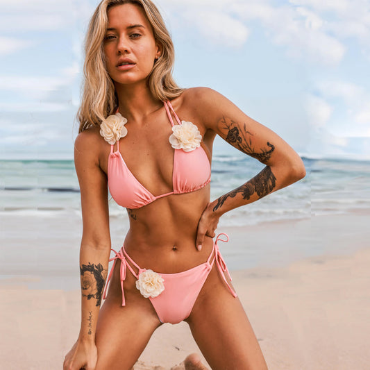 Ensemble bikini licou à motif floral 3D