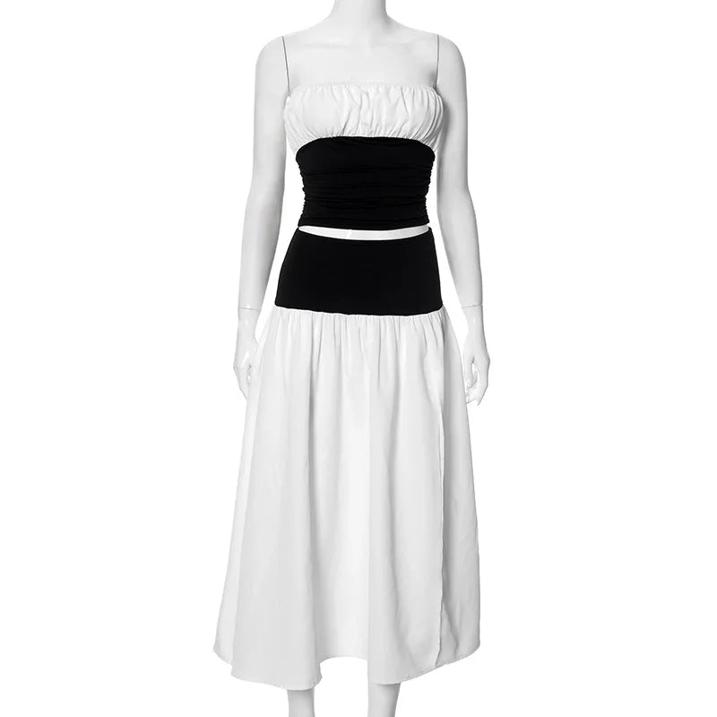 Black And White Patchwork Tube Trendy Top And Slit Long Skirt Set Co-Ord