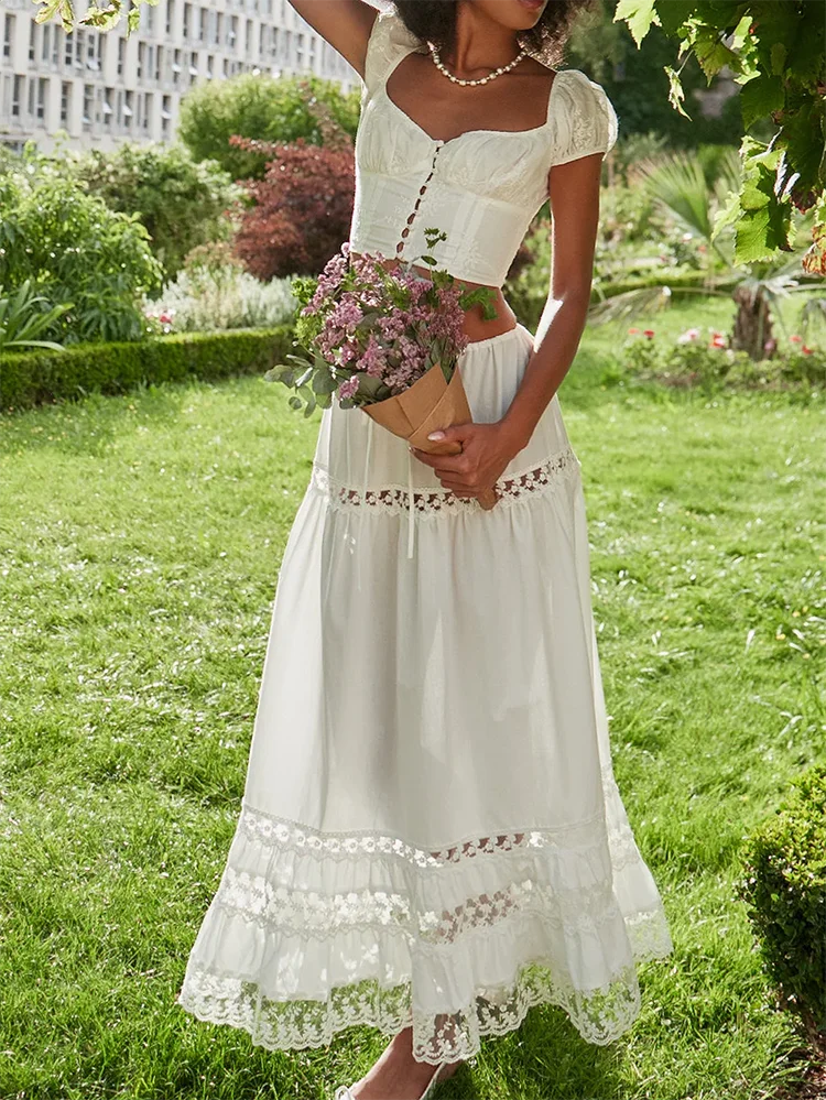 Embroidery White Crop Top Graceful And Midi Skirt Set Suit