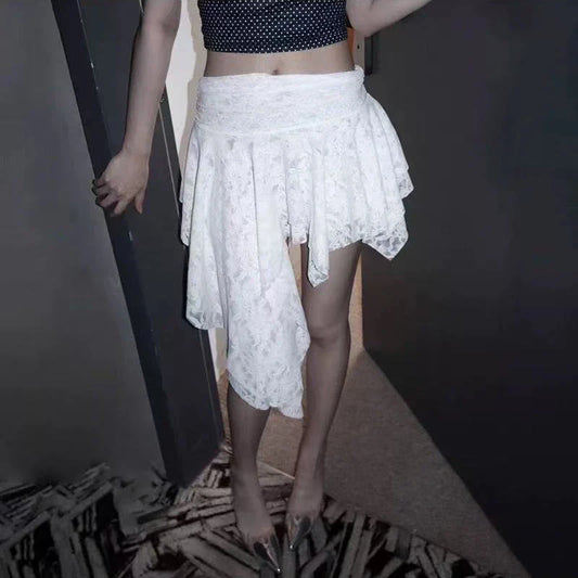 Asymmetrical Lace Ruffle Mini Skirt WHITE / One Size