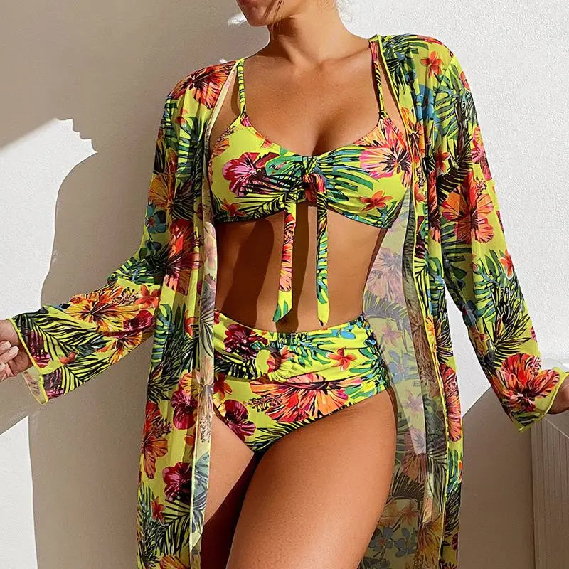 Floral Mesh Blouse Bra Two Piece Set Yellow / S