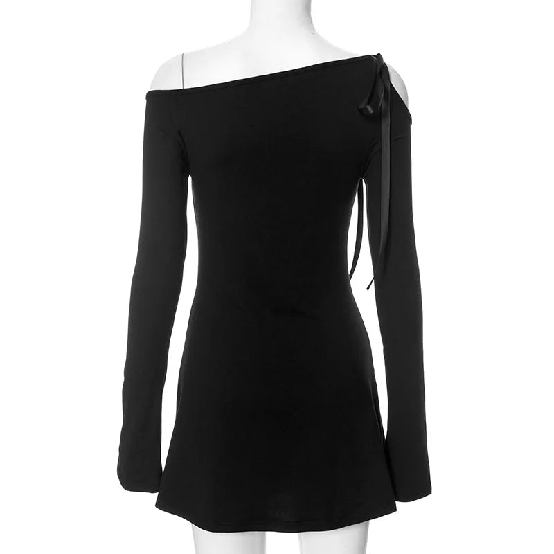 Long Shoulder Tie Up Graceful Hollow Out Mini Dress Solid