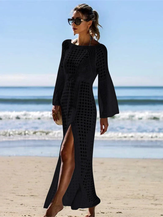 Long Sleeve Hollow Out Bikini Cover Up Black / One Size