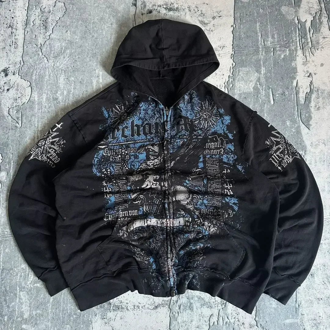 Distress Y2K Gothic Skull Hoodie black3 / S