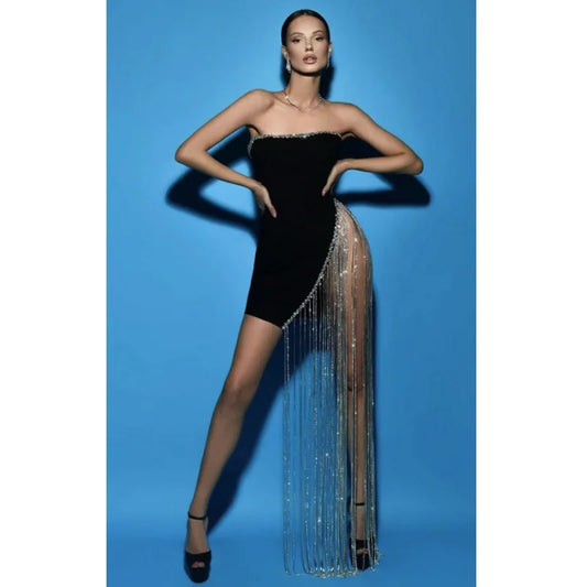 Shining Chain Slit Strapless Black Party Dress Partydress-241208