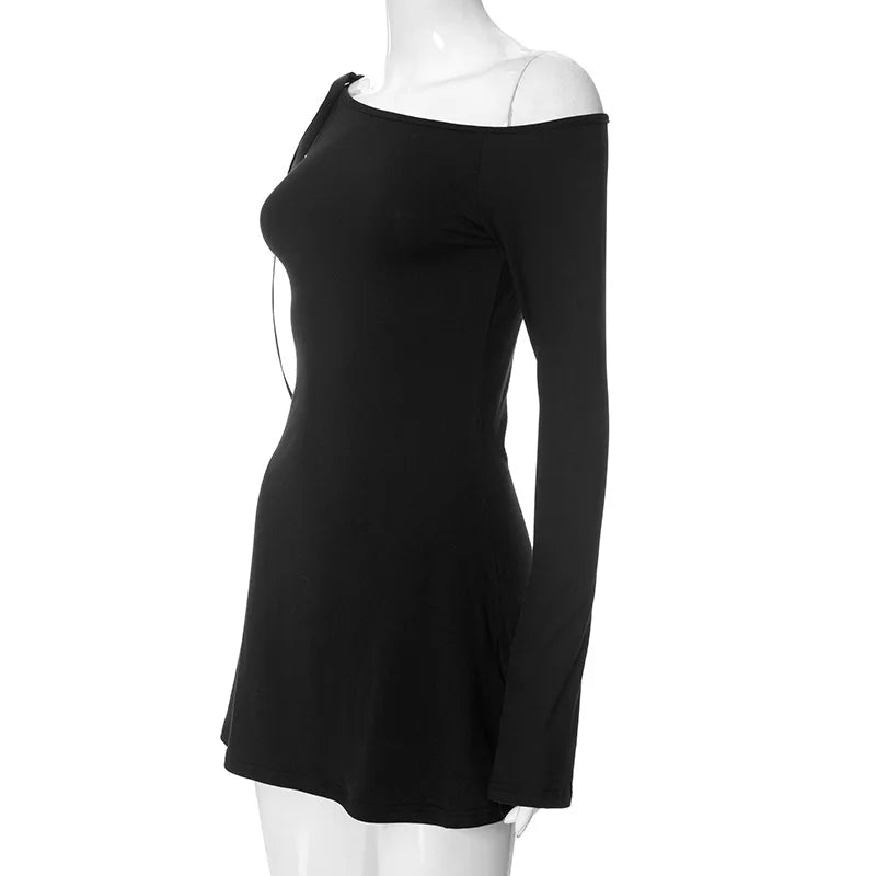 Long Shoulder Tie Up Graceful Hollow Out Mini Dress Solid