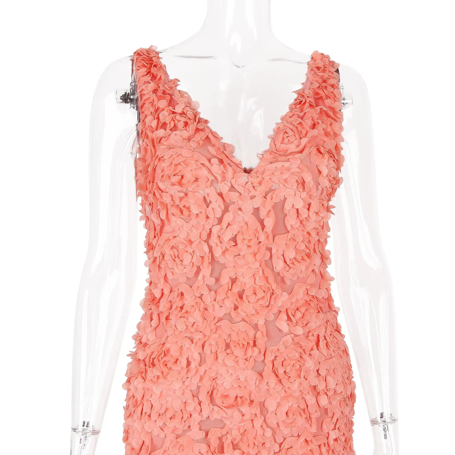 Peach Flowers Textured Charming V-Neck Mini Dress