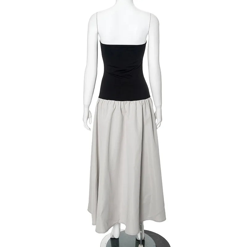 Black And White Charming Colorblock Tube Maxi Dress Open Shoulder Midi