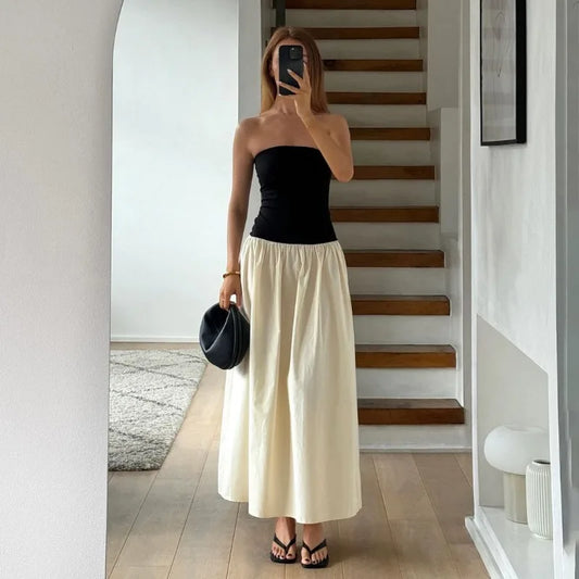 Black And White Charming Colorblock Tube Maxi Dress Open Shoulder Midi