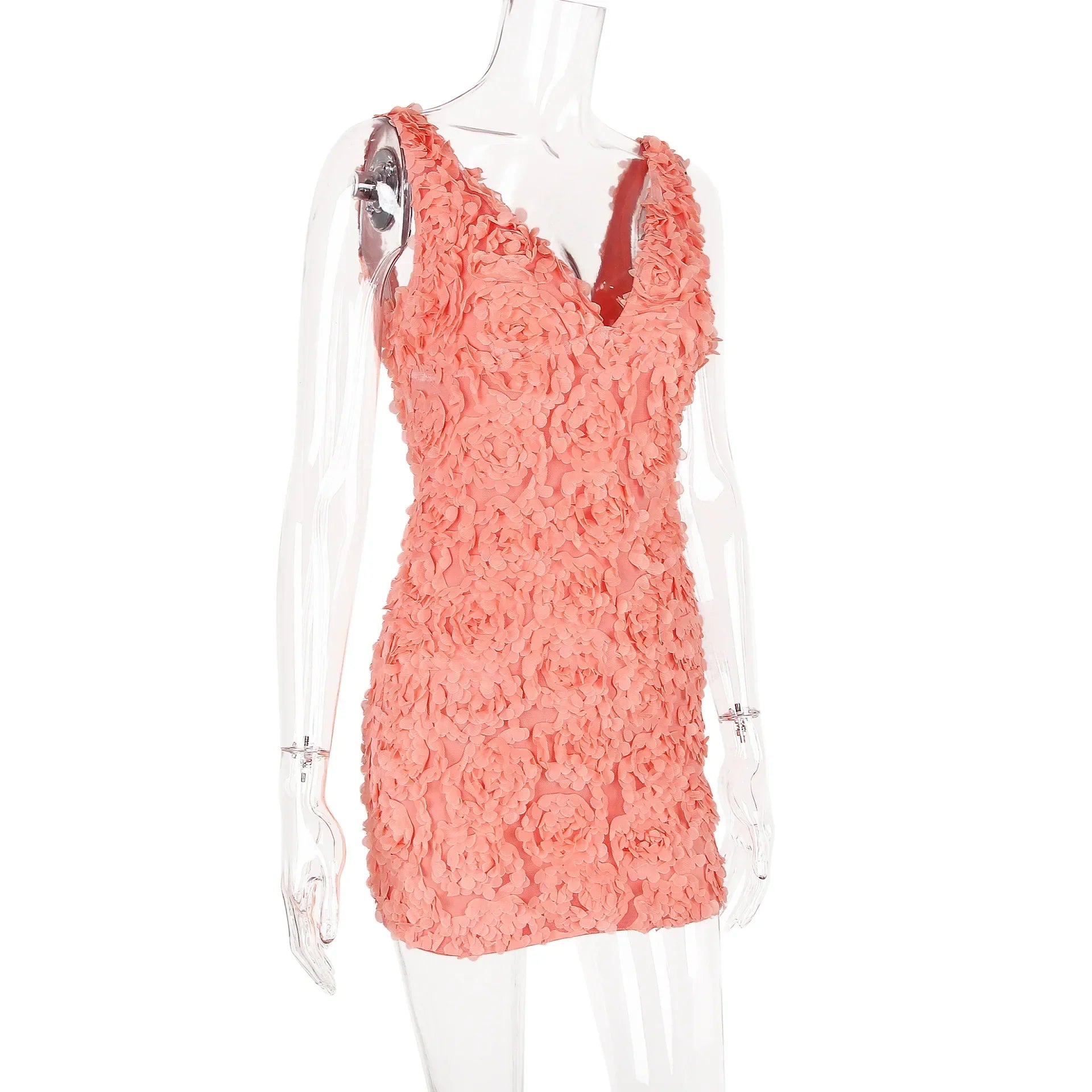 Peach Flowers Textured Charming V-Neck Mini Dress