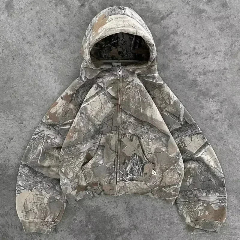 American Gothic Print Zipper Hoodie gray1 / M