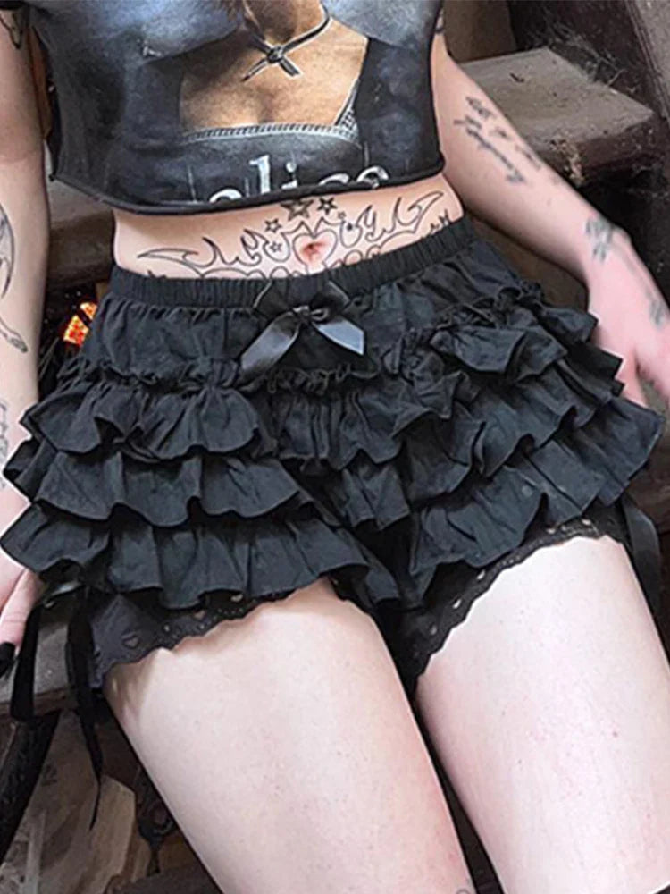 Chuckle Lace Bow Patchwork Skirt Black / S