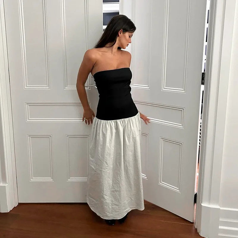 Black And White Charming Colorblock Tube Maxi Dress Open Shoulder Midi