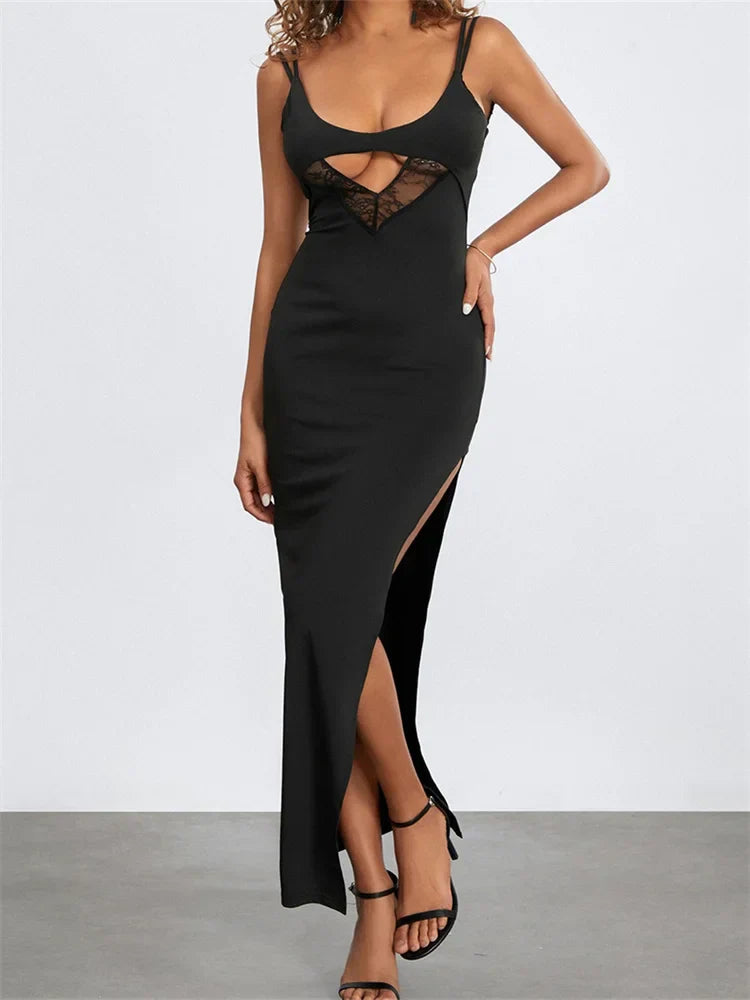 Sexy Women Summer Slim Sleeveless Lace Patchwork Low Cut Cutout Side High Split Party Vestido