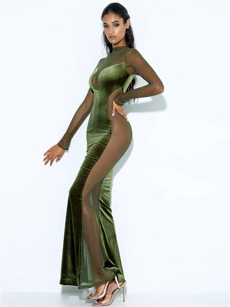 O Elegant Arm Dresses Fashion Full-Length Through Fall Party Gown Club Neck For Outfits Sexy - Long
