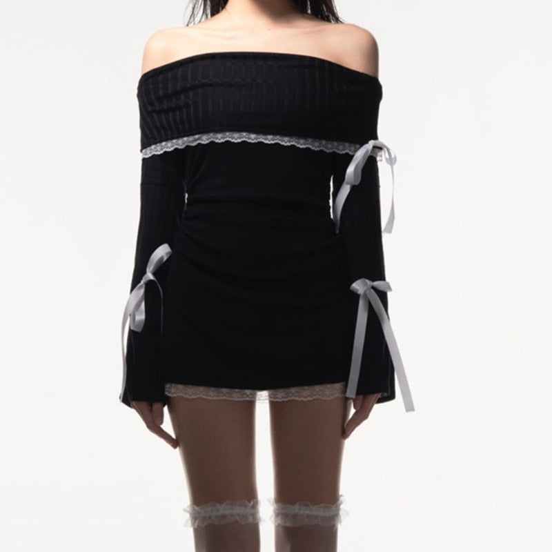Black Long Sleeve Charming Off-Shoulder Bow Mini Dress